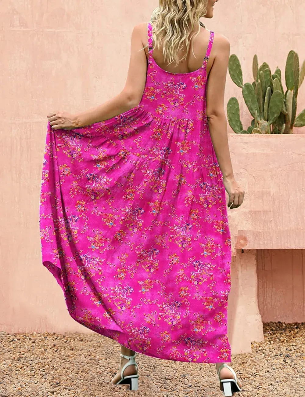 Summer Dresses for Women Casual Loose Bohemian Floral Dress with Pockets Spaghetti Strap Maxi Dress E75