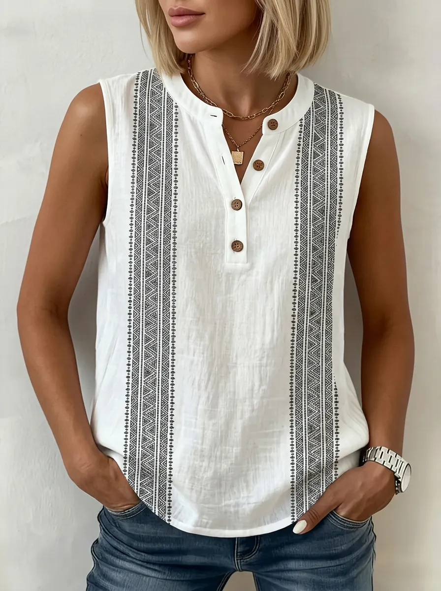 Women's Nashville Western Geometric Printed sleeveless henley top