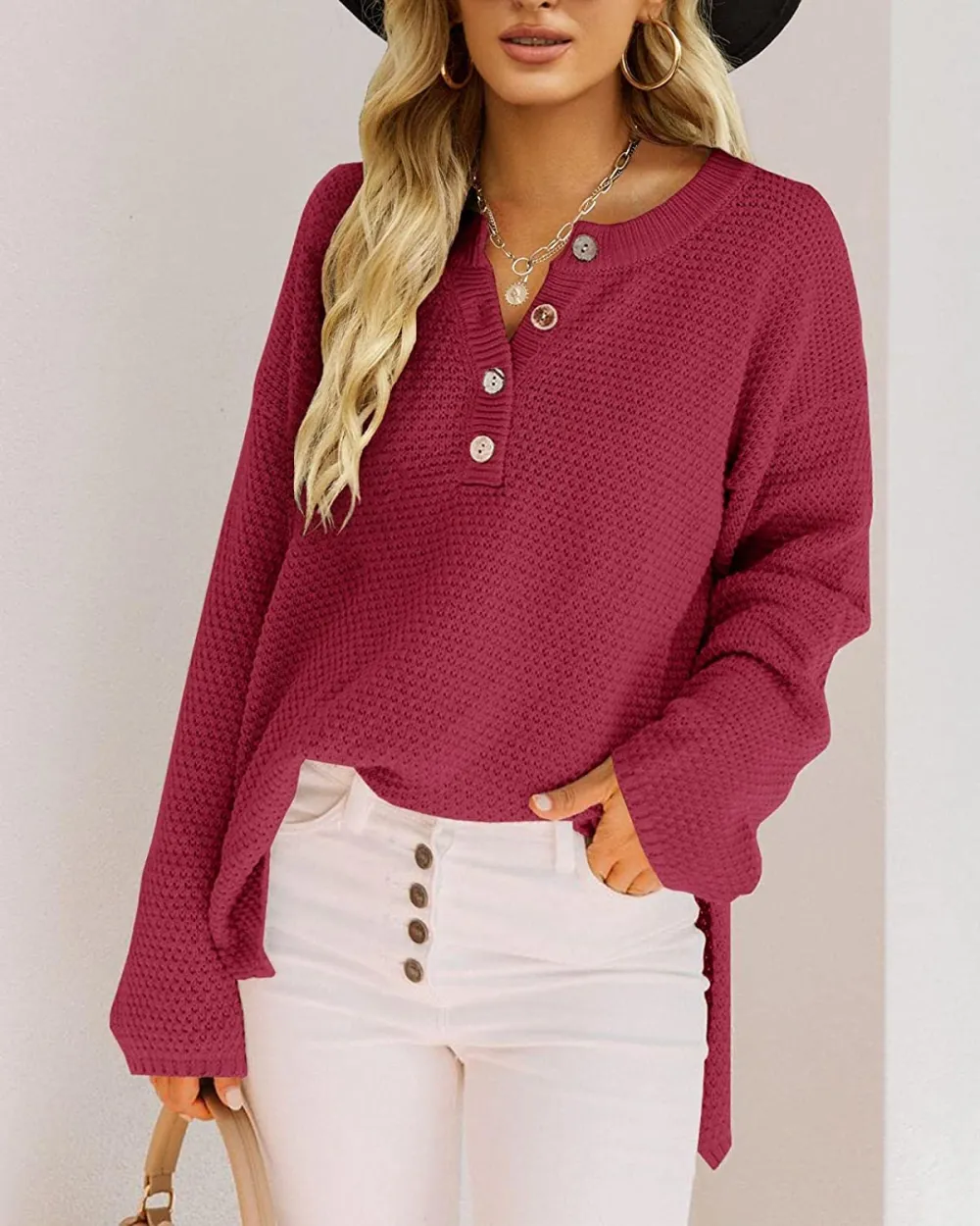 Women's Oversized Sweaters Batwing Long Sleeve Loose V Neck Button Henley Tops Pullover Knit Jumper