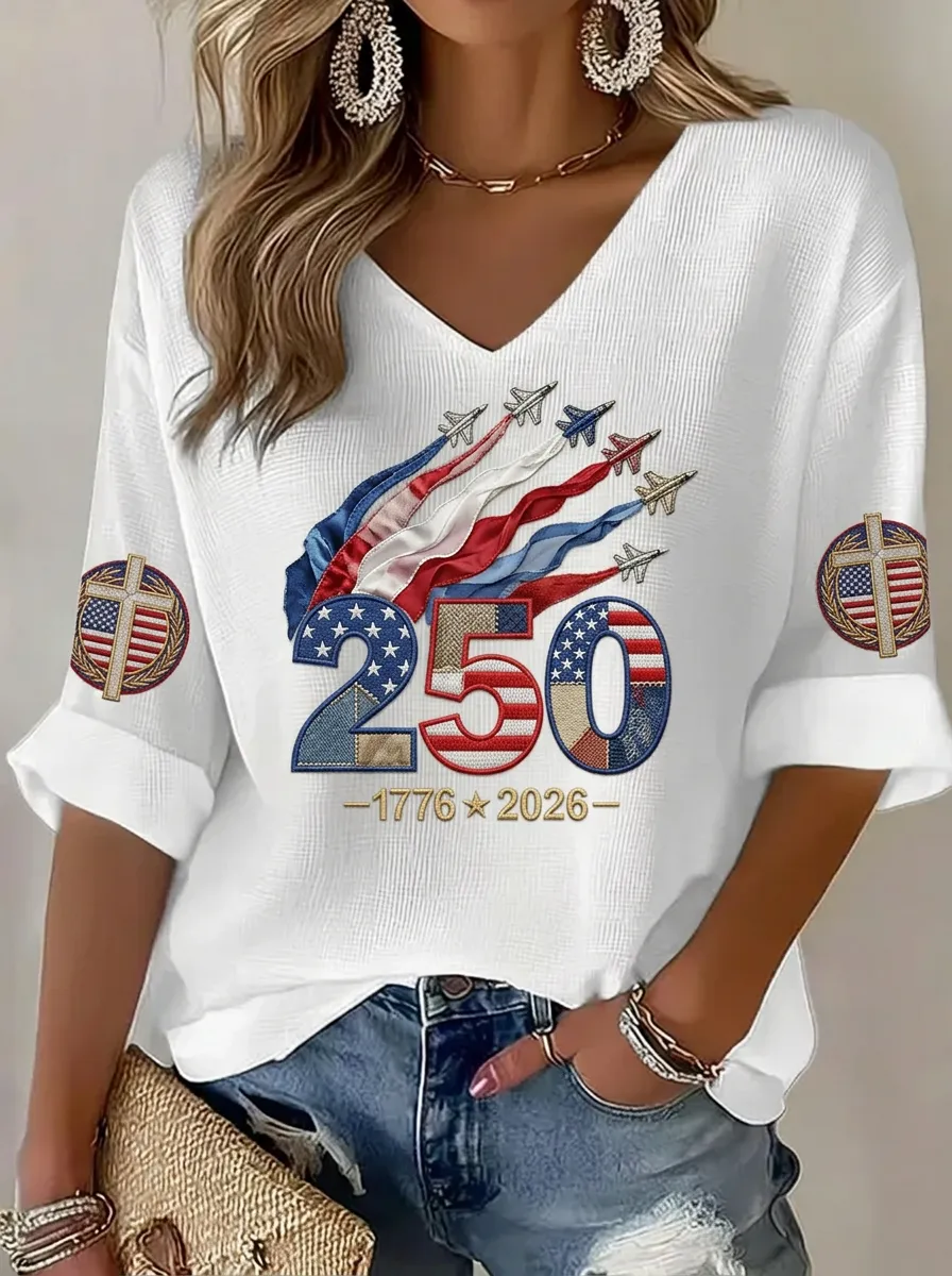 Women's USA 250th Anniversary Jet Fighter Cross Printed V-neck Top