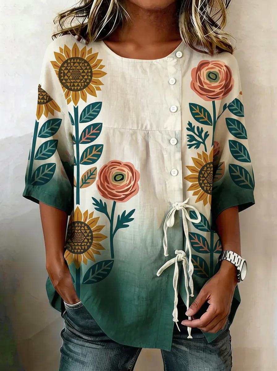 Women's Nashville Sunflower Floral Printed Button-Down Top