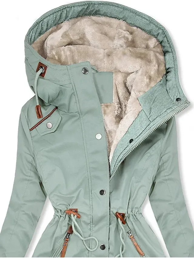Women's Winter Jacket Parka Warm Street Casual Daily Casual Daily Zipper Button Fleece Lined Zipper Hoodie Casual Street Style Plain Regular Fit Outerwear Long Sleeve Fall Winter Black Green Dark Blue