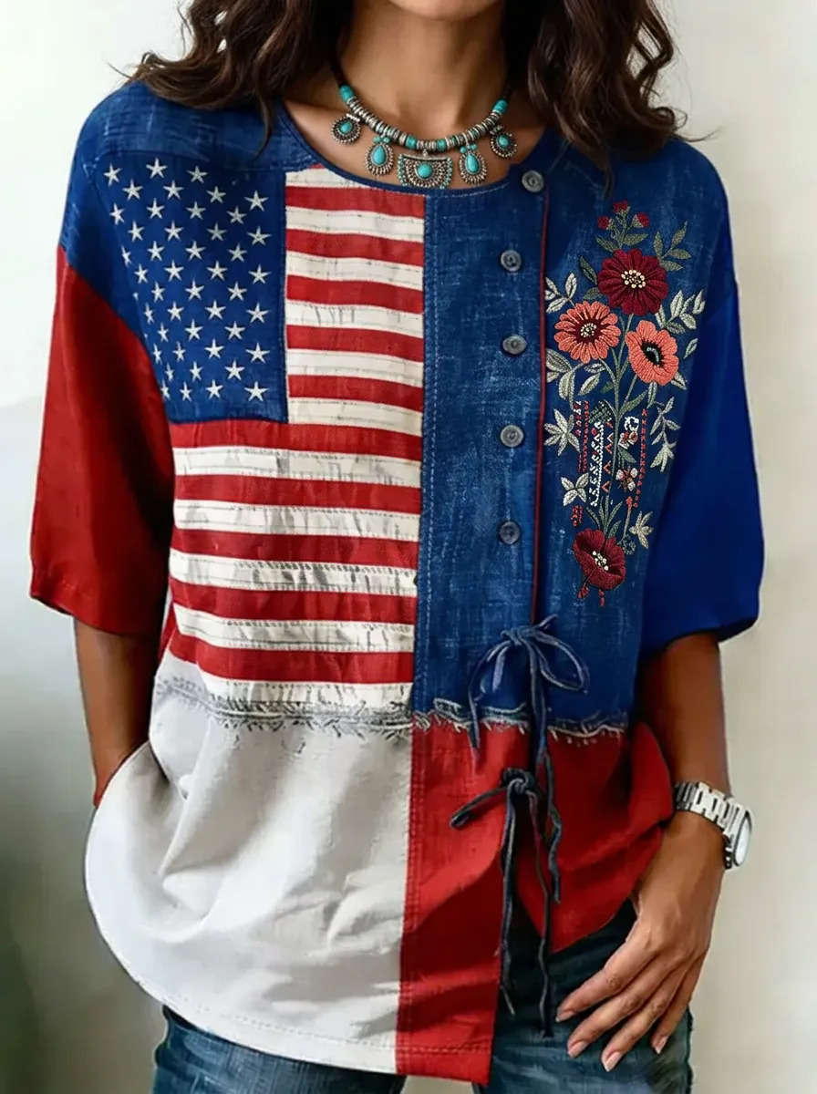 Women's Nashville USA Flag Floral Embroidered Printed Top