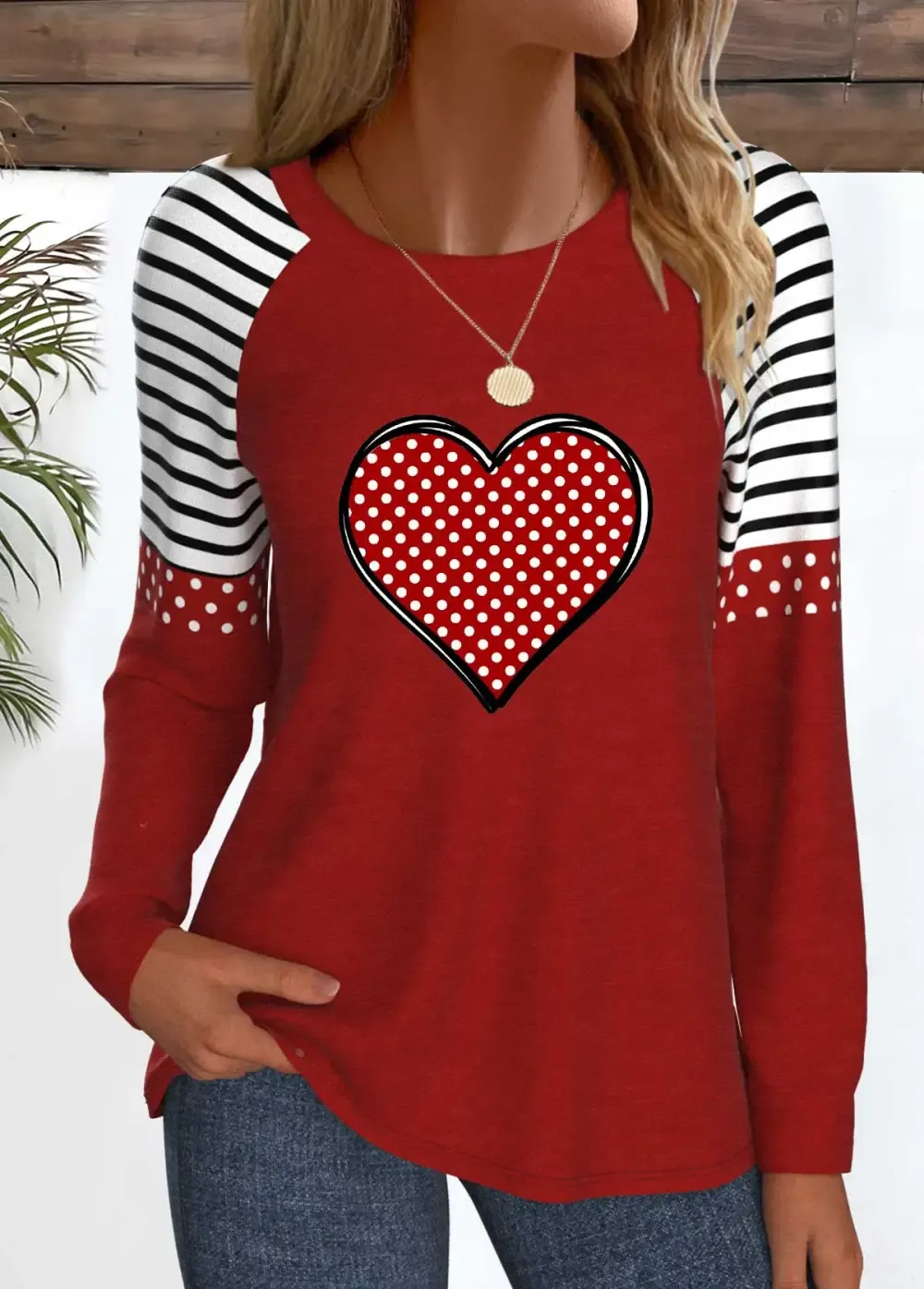 Wine Red Patchwork Heart Print Long Sleeve T Shirt