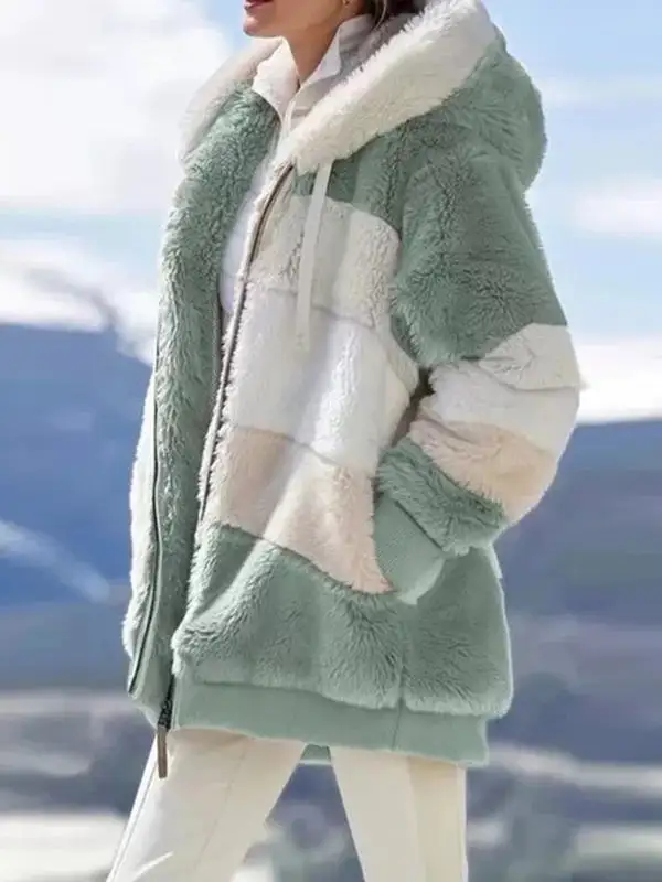 Loose Plush Multicolor Hooded Coat