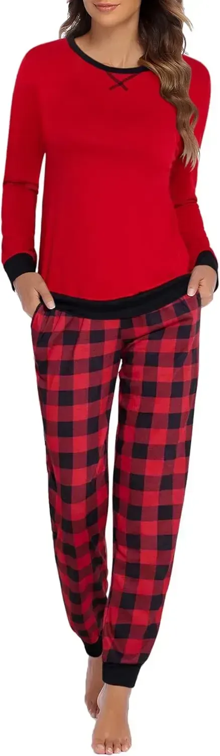 Women's Pajamas Sets Long Sleeve with Plaid Pants Soft Sleepwear O Neck 2 Piece Pjs Joggers Loung Set with Pockets