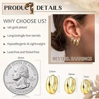 3Pairs Gold Hoop Earrings Set for Women Chunky Gold Silver Hoop Earrings 14K Gold Filled Hypoallergenic Small Huggie Hoop Earrings Tiny Gold Trendy Thick Hoop Earrings Stacks for Multiple Piercing