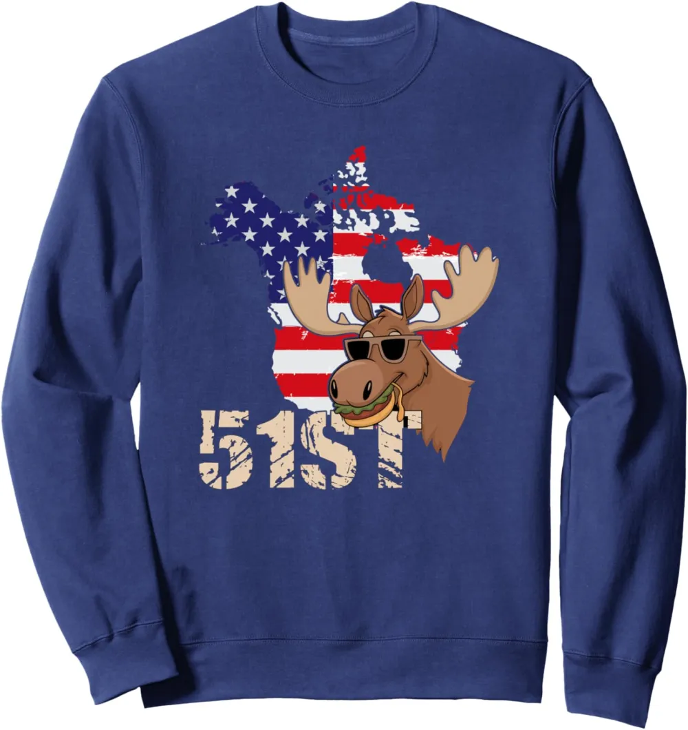 USA America Canada 51st State Map with Moose Having Burger Sweatshirt