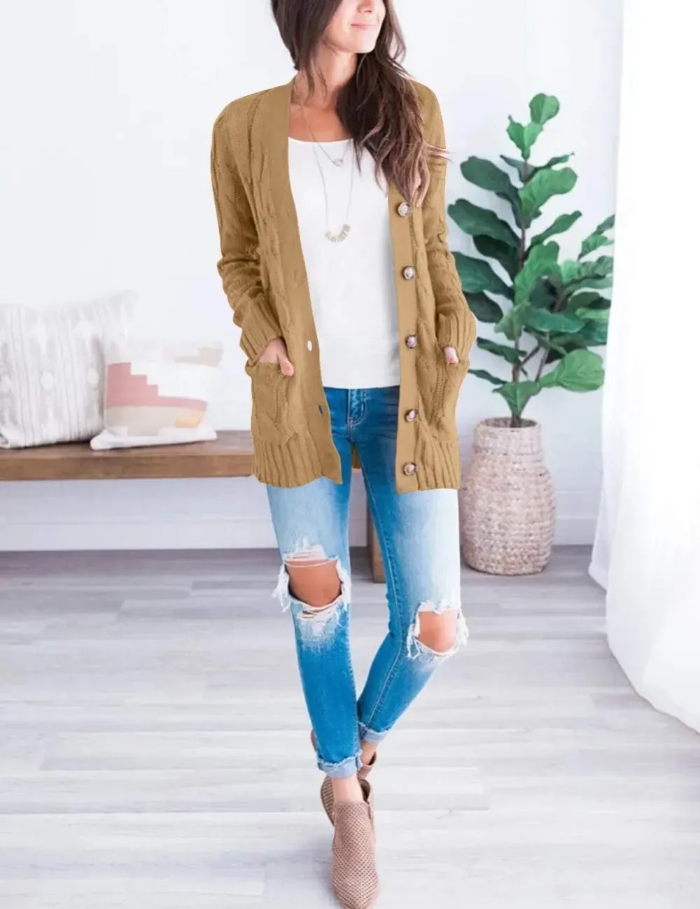 MEROKEETY Women's 2024 Fall Long Sleeve Cable Knit Sweater Open Front Cardigan Button Loose Outerwear