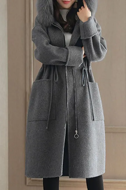 Solid Color Fur Collar Long Coat
