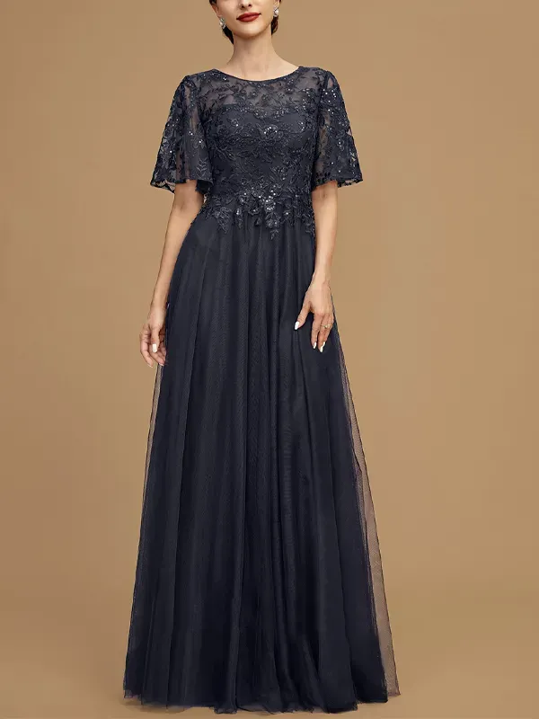 Round Neck Lace Short Sleeve Solid Color Mesh Maxi Dress