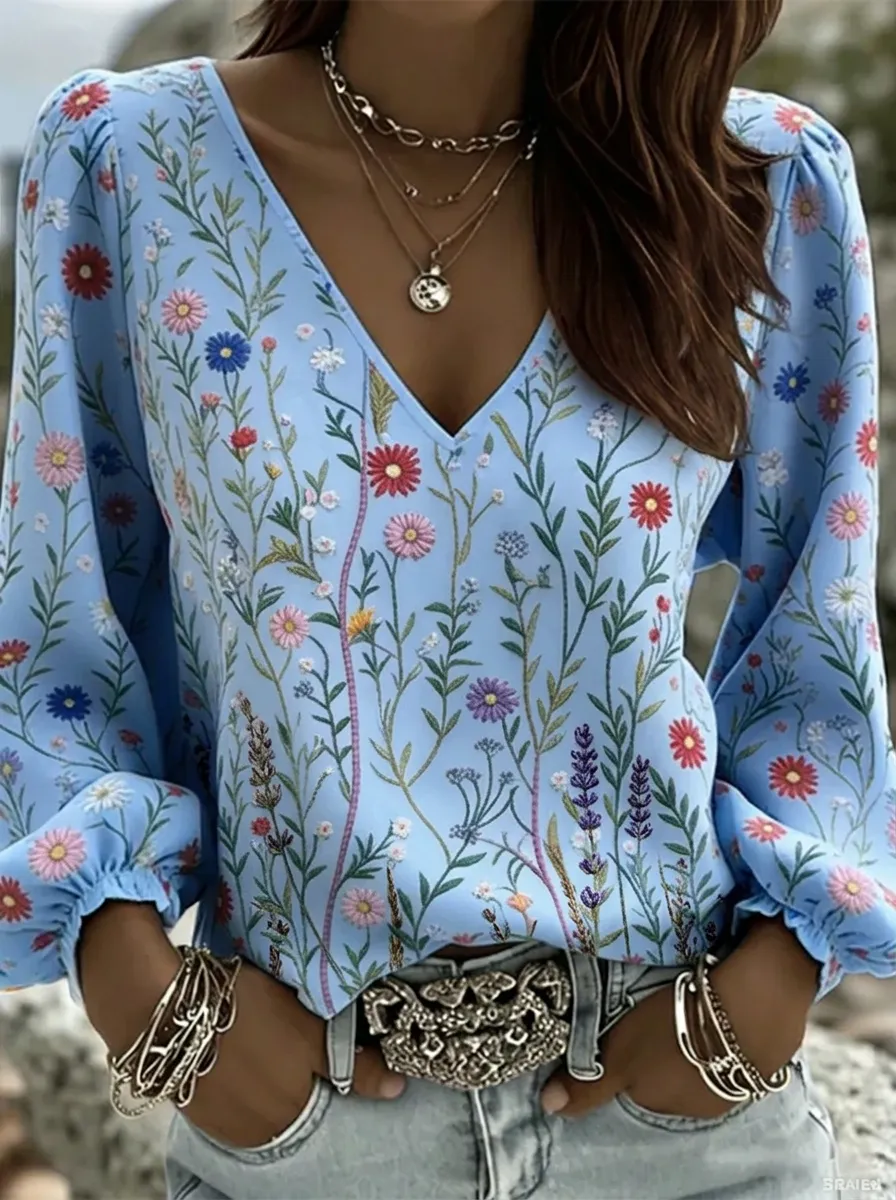 Women's Nashville Floral Meadow Printed V-neck Top