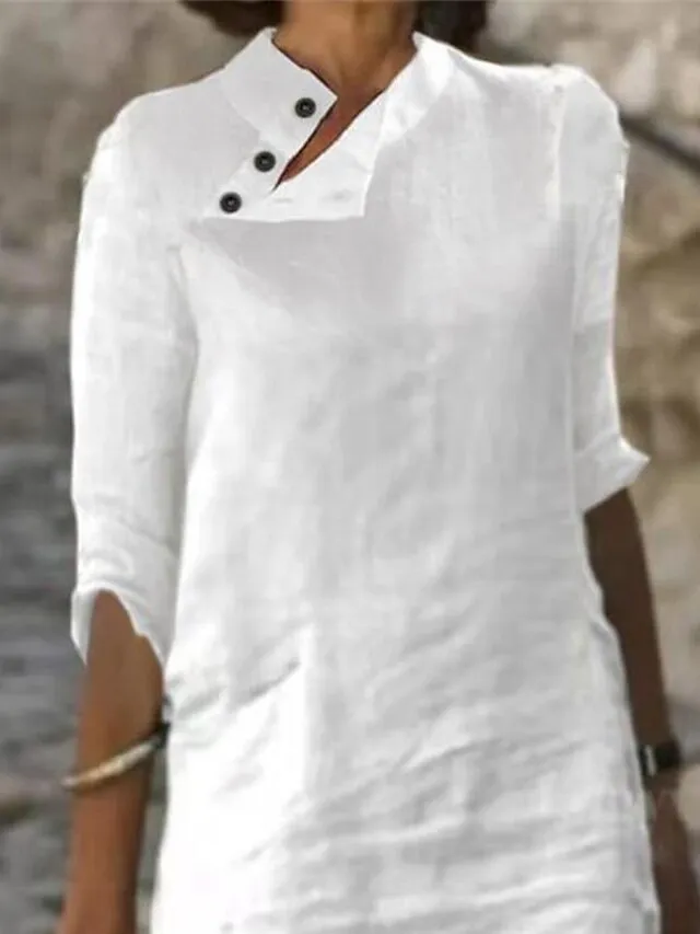 Women‘s Cotton Linen Dress Shirt Dress Casual Dress Shift Dress Midi Dress Cotton Blend Fashion Basic Outdoor Daily Vacation Stand Collar Button Half Sleeve Summer Spring 2023 Black White Blue Plain