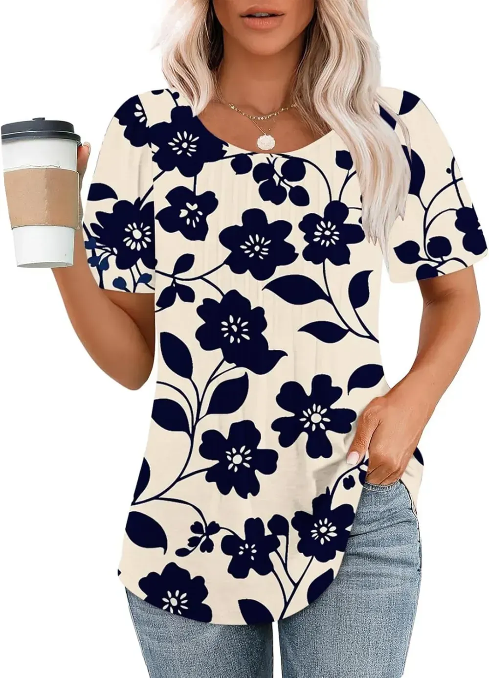 Womens Summer Pleated Front Shirts Tunics Casual Short Sleeved Loose Round Neck Boho Printed Tops Vacation Blouse
