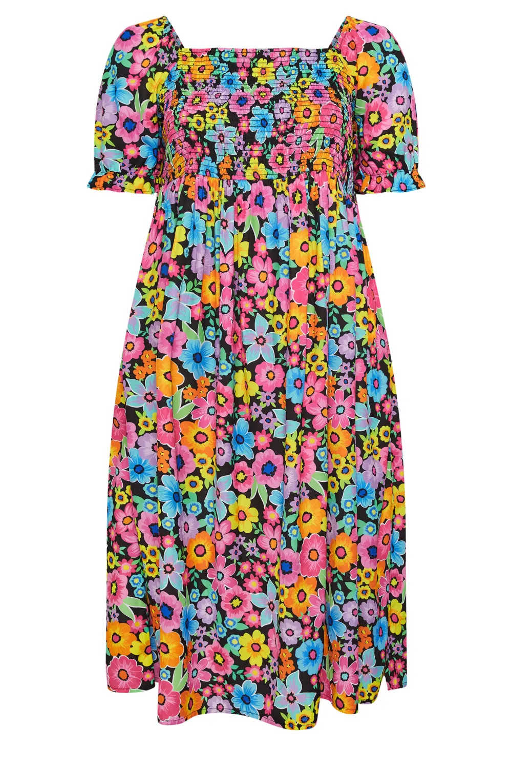 YOURS Curve Black Floral Print Shirred Midi Dress