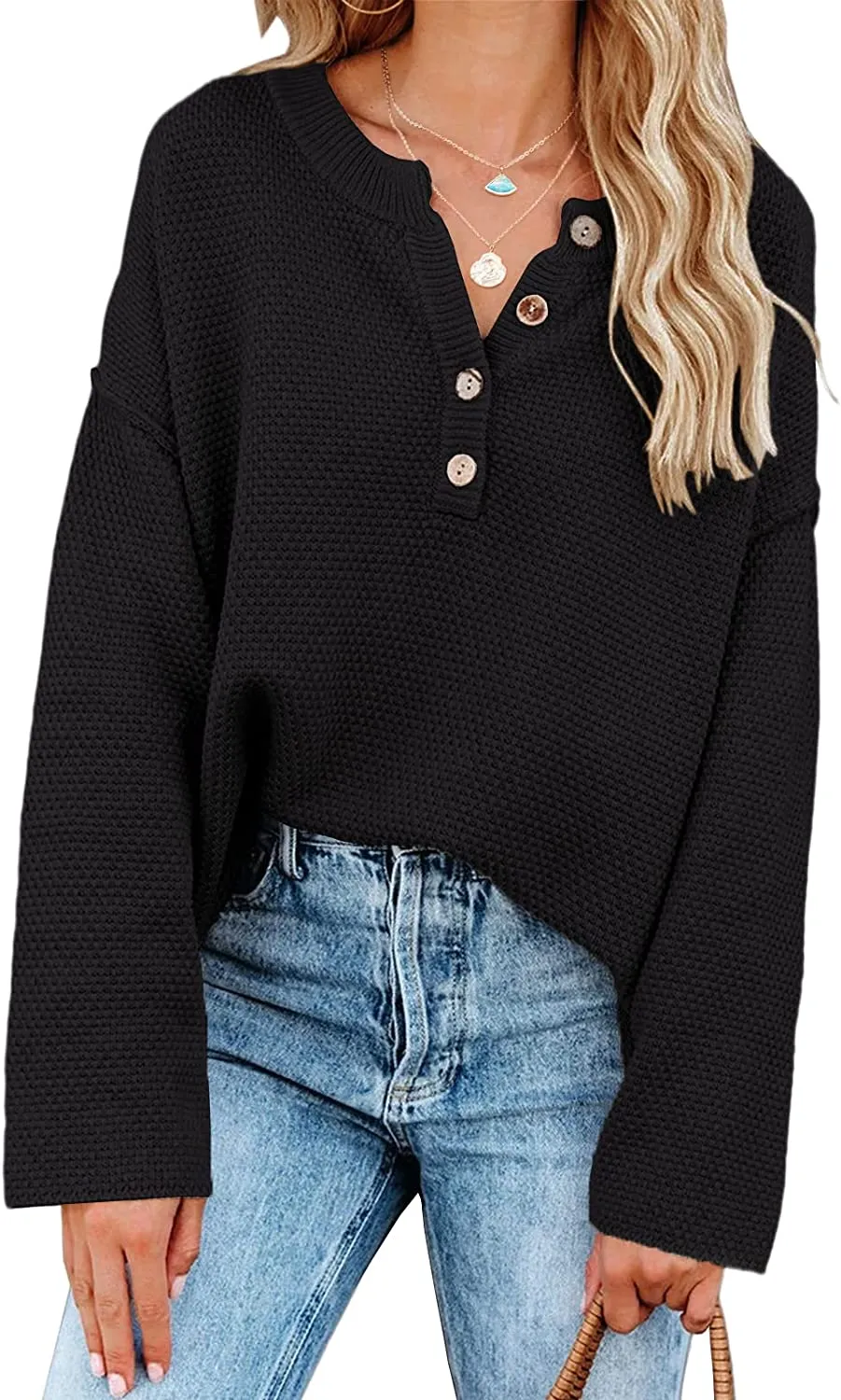 Women's Oversized Sweaters Batwing Long Sleeve Loose V Neck Button Henley Tops Pullover Knit Jumper