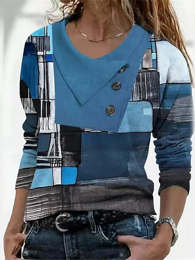 Women's T shirt Tee Red Navy Blue Blue Geometric Abstract Button Print Long Sleeve Casual Weekend Daily Basic Pile Neck V Neck Regular Fit Geometric Painting Fall & Winter