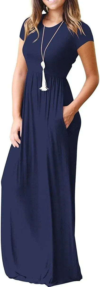 Women's Short Sleeve Loose Plain Maxi Dresses Casual Long Dresses with Pockets