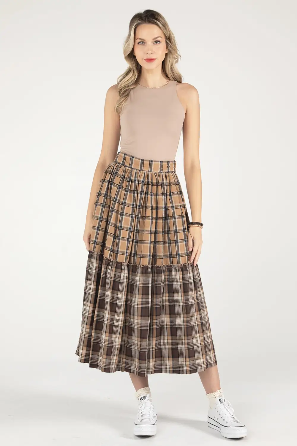 Mixed Plaid Midi Skirt