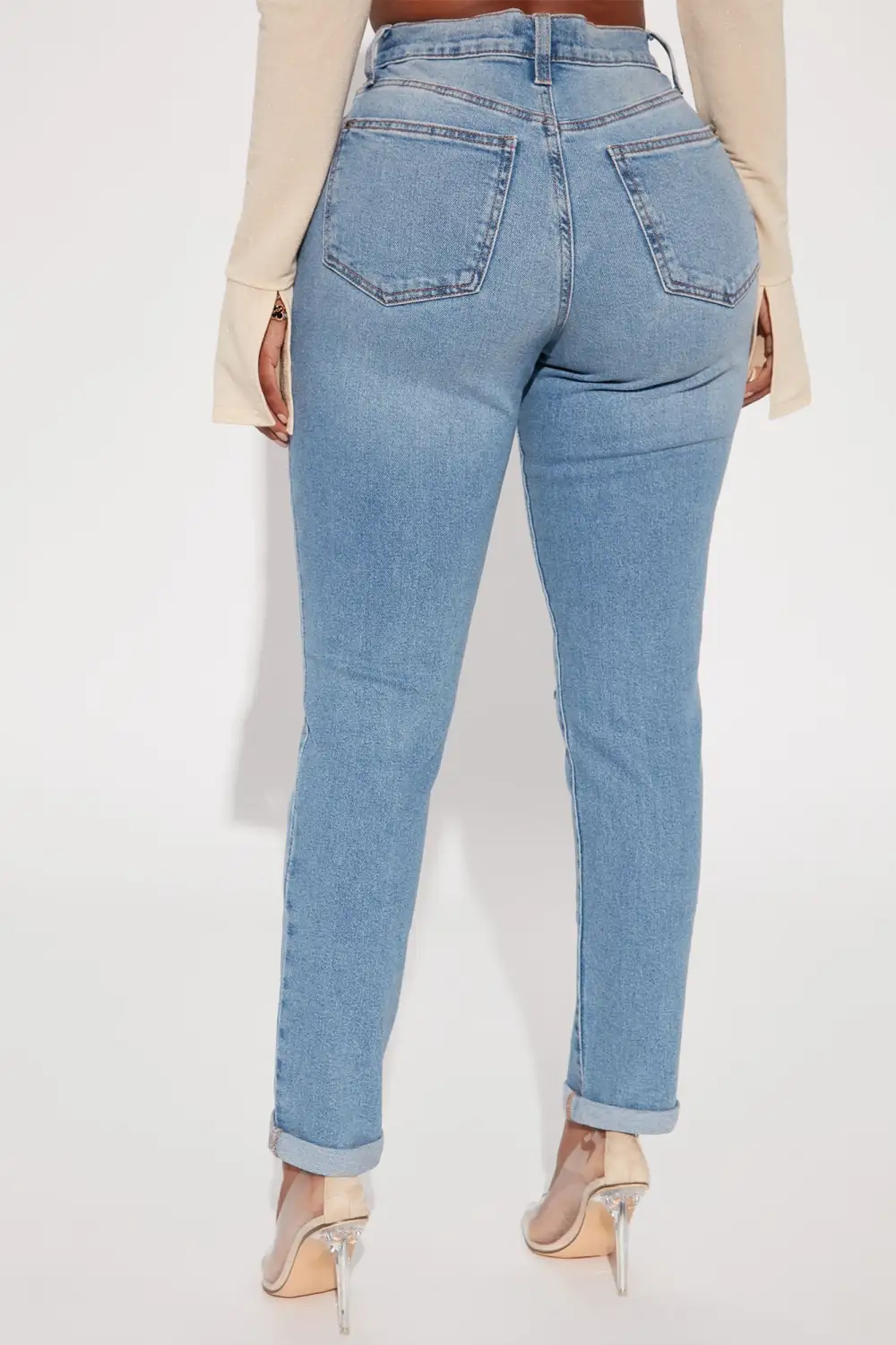 Daily Double Low Stretch Ripped Mom Jeans - Medium Blue Wash
