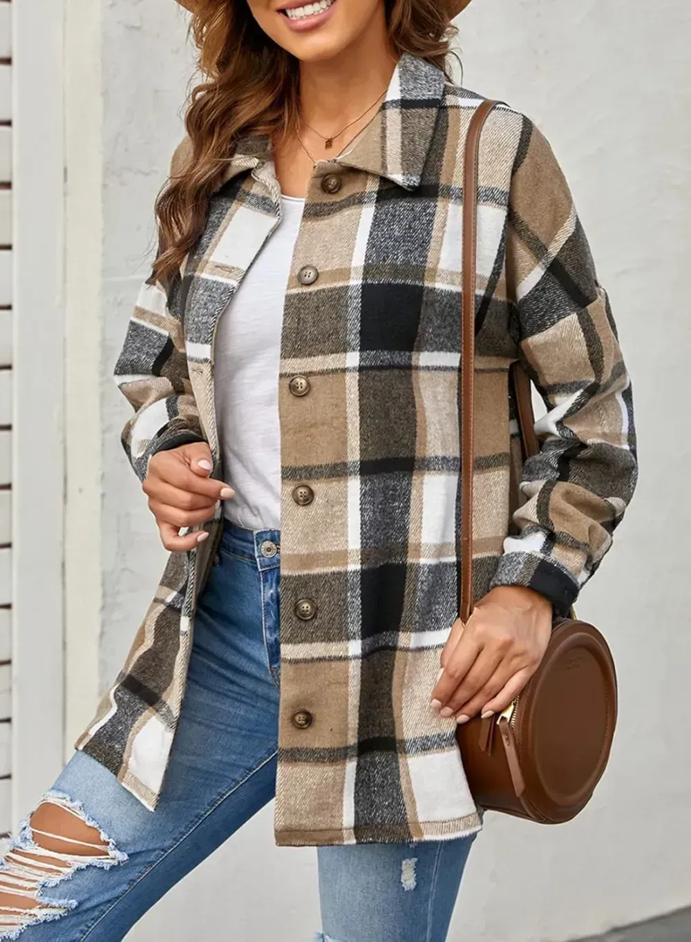 Women's 2023 Fall Clothes Plaid Shacket Jacket Long Sleeve Button Down Flannel Shirts Fashion Blouse
