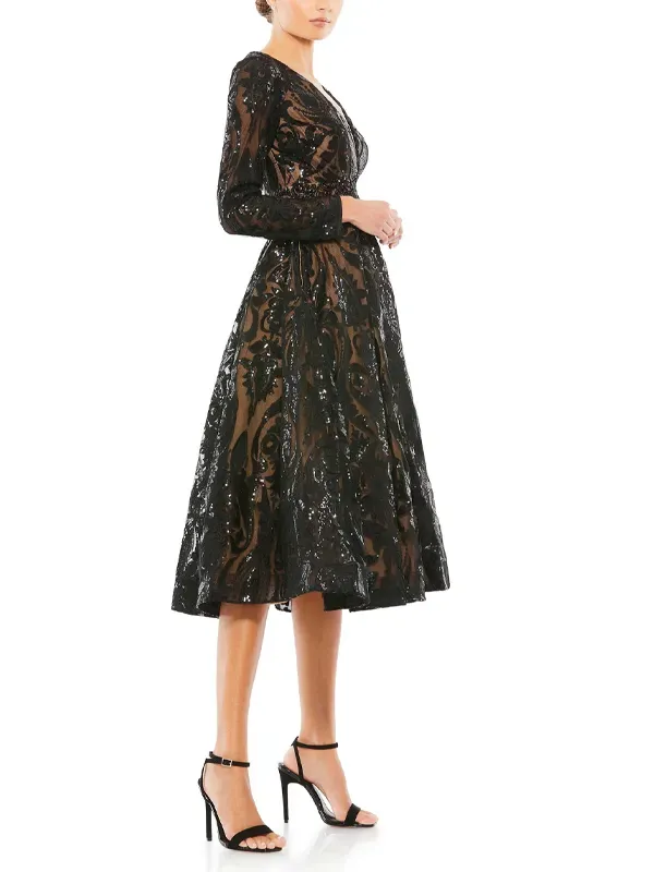 V Neck Long Sleeve Lace Midi Dress
