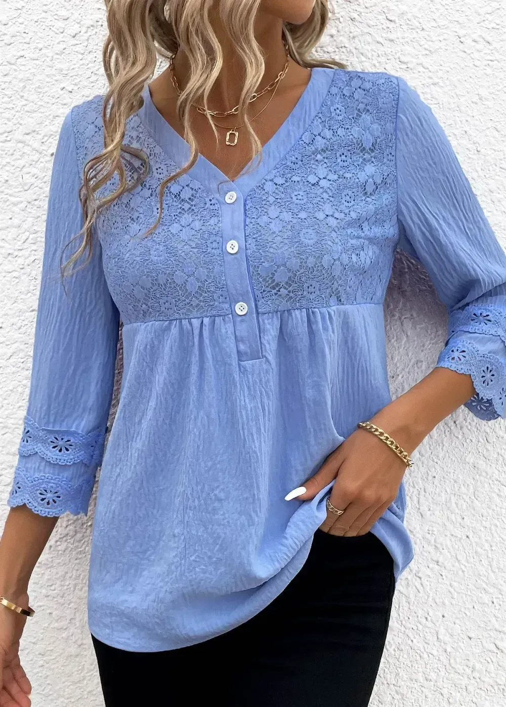 Blue Lace Long Sleeve V Neck Blouse