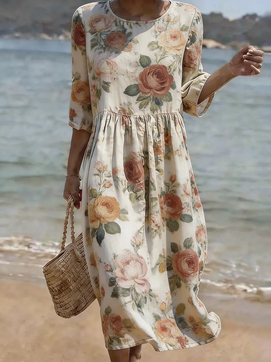 Women's Casual Floral Cotton Linen Dress