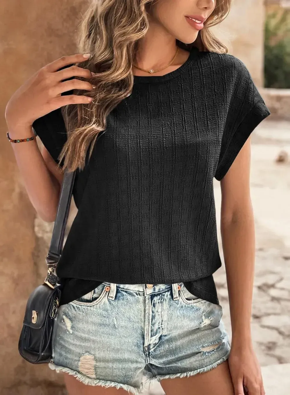 Dokotoo Tops for Women Trendy Summer Casual Cap Short Sleeve Basic Textured Solid Color Round Neck T Shirts Blouse