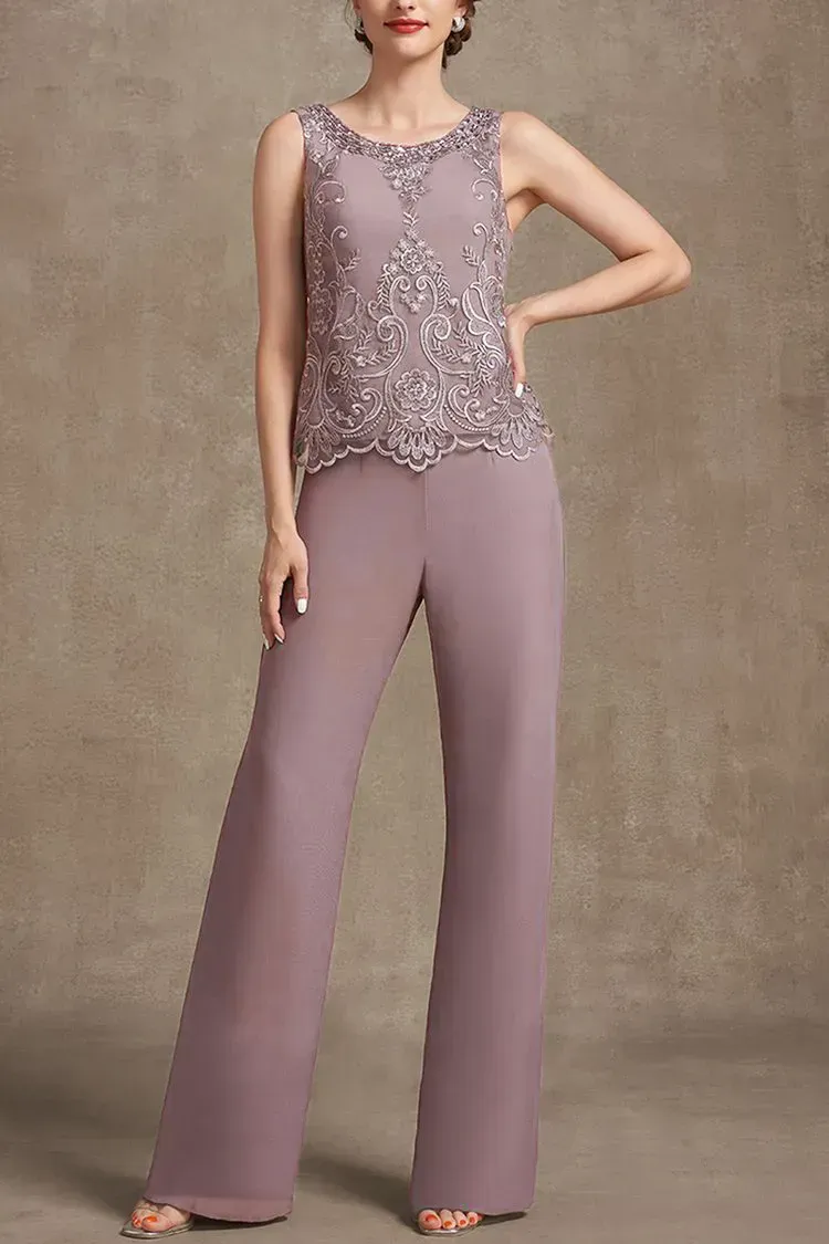 Plus Size Embroidery Chiffon Three Pieces Set Pant Suits