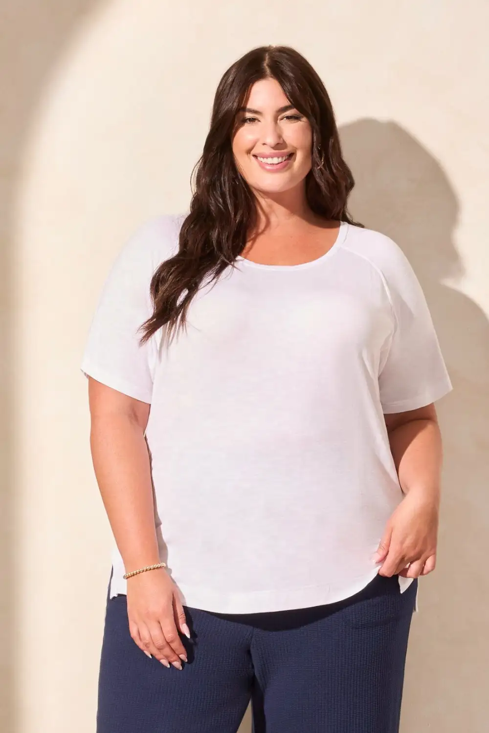 FLOWY JERSEY CREW NECK TOP WITH SHIRRED BACK-White