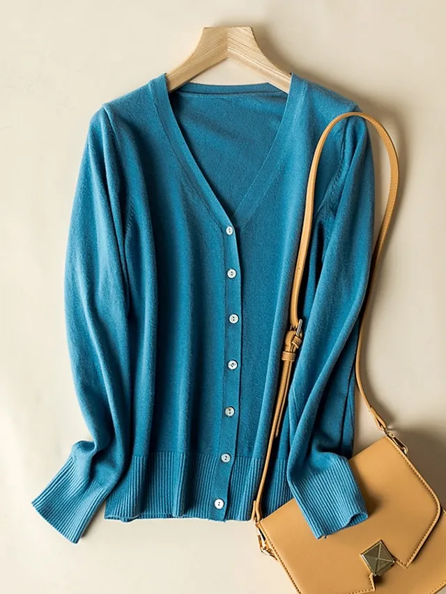 Women's Cardigan Sweater V Neck Ribbed Knit Polyester Button Fall Winter Short Daily Going out Weekend Stylish Casual Soft Long Sleeve Solid Color Haze blue Black White S M L