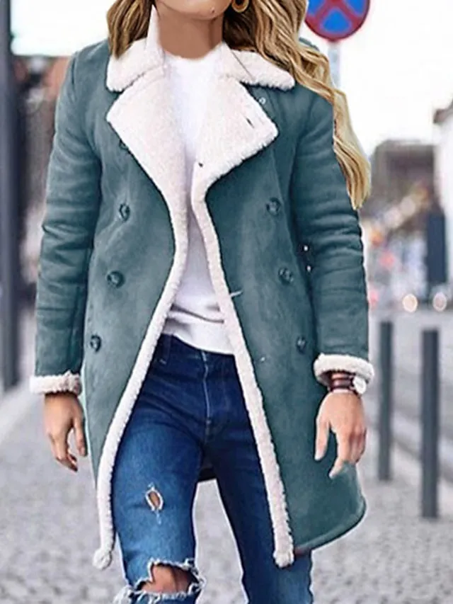 Women's Suede Sherpa Jacket Fall Long Fleece Shearling Jacket Winter Double Breasted Lapel Overcoat Windproof Warm Pea Coat Streetwear Jacket  Modern Casual Outerwear Long Sleeve