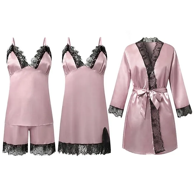 Women's Lace Satin Silk Pajamas Sets 4 Pcs Home Party Daily St.Patrick's Day Elastic Waist Pure Color Satin Simple Casual Soft Strap Top Shorts Fall Winter Spring Strap Short Sleeves Long Sleeve