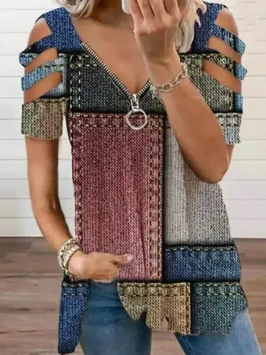 Women Short Sleeve V-neck Floral Printed Geometric Top