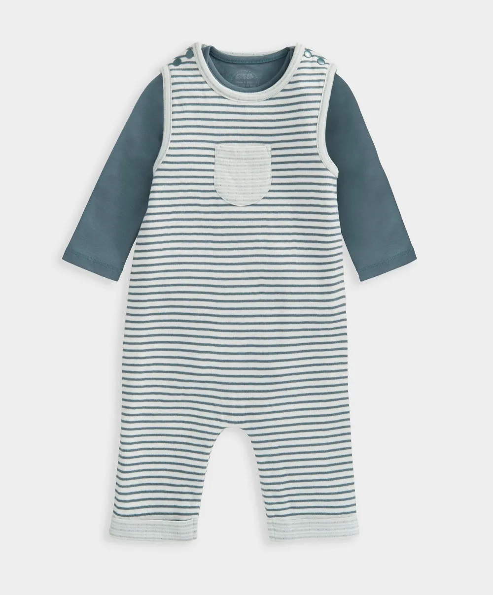 Stripe Dungarees & Bodysuit Outfit Set - Blue