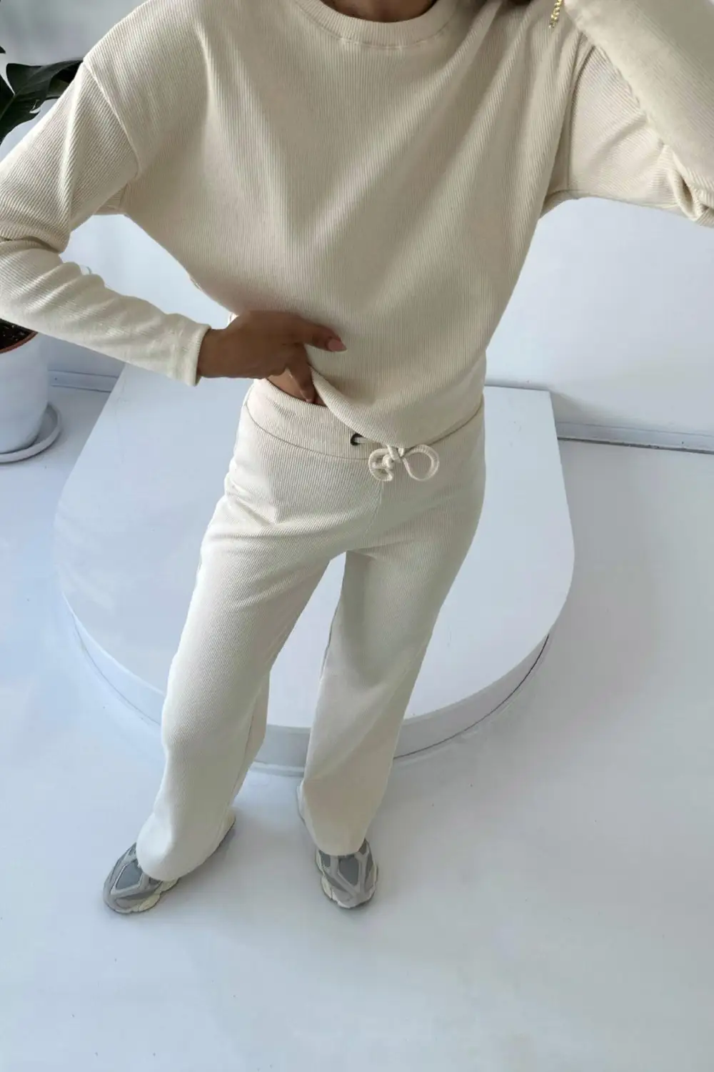 Ribbed Crew Neck Crop Top Drawstring Long Pants Set