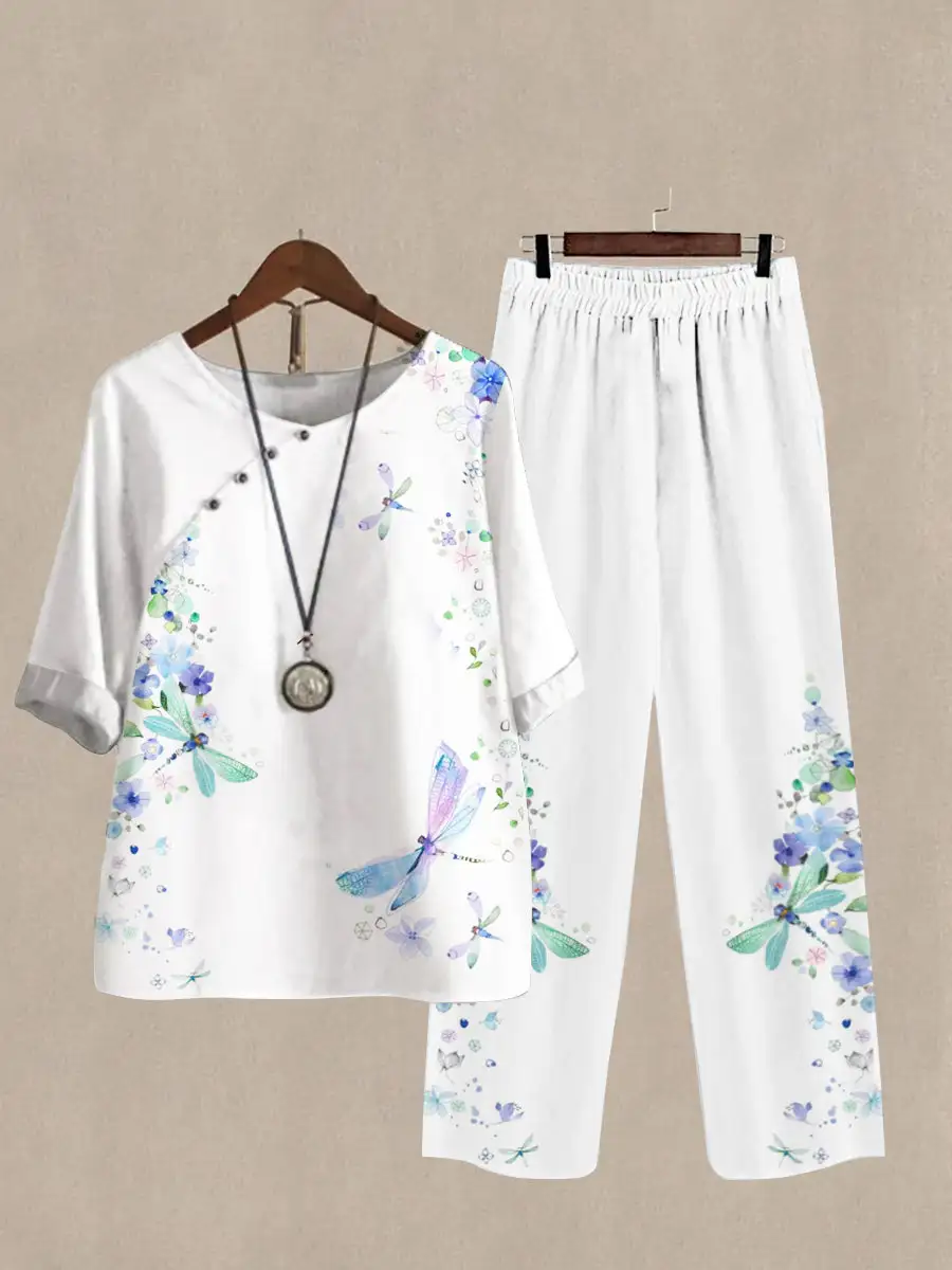 Women's Dragonfly Print Half Sleeve Top And Wide Leg Pants Linen Two Pieces