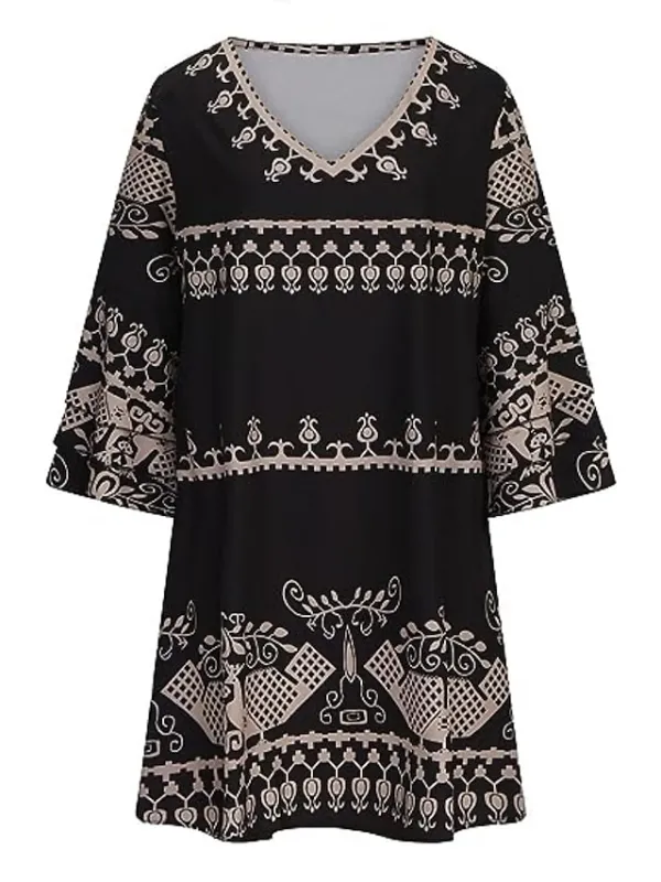 Women's Casual Dress T Shirt Dress Tee Dress Mini Dress Black 3/4 Length Sleeve Animal Ruched Summer Spring V Neck Fashion Vacation Fall Dress Summer Dress 2023 S M L XL 2XL 3XL