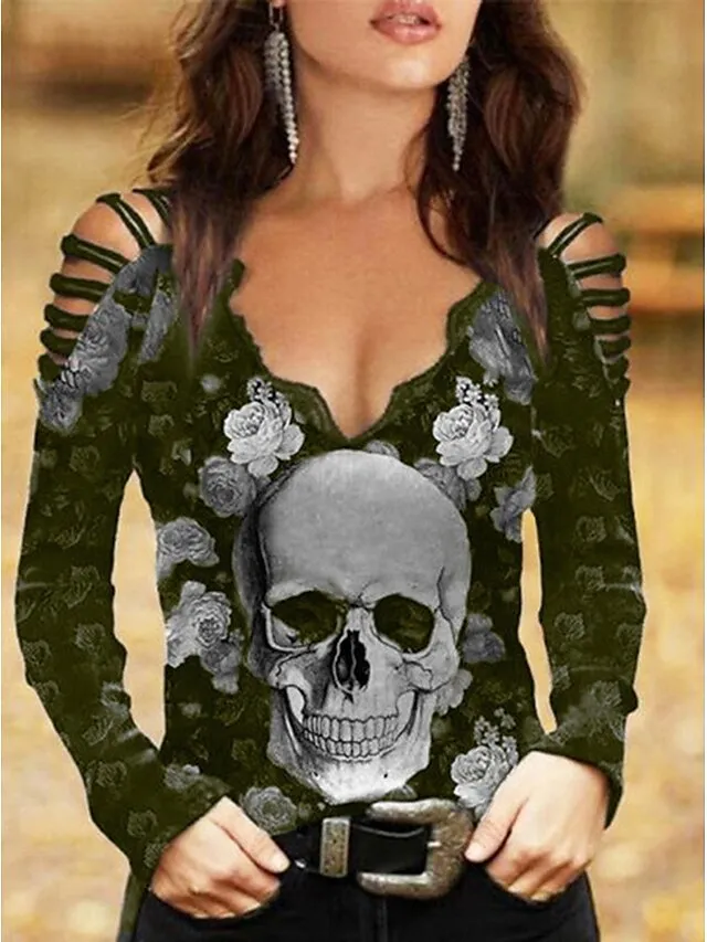 Women's Going Out Tops Burgundy Tee Halloween Shirt Blouse Black Wine Blue Floral Skull Cut Out Print Long Sleeve Halloween Casual Weekend Basic Off Shoulder V Neck Regular Fit Floral Painting Cold
