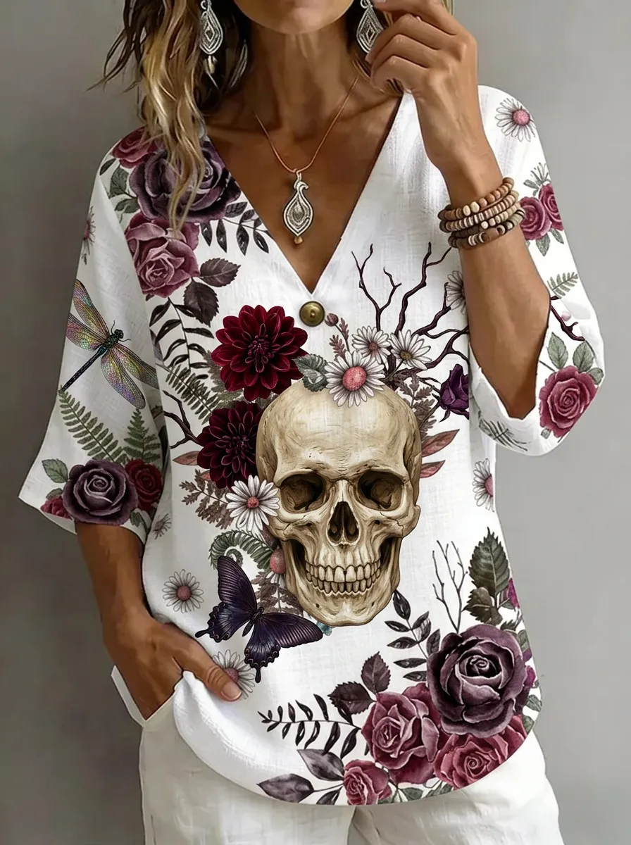 Women's Nashville Skull Floral Butterfly Printed V-Neck Top