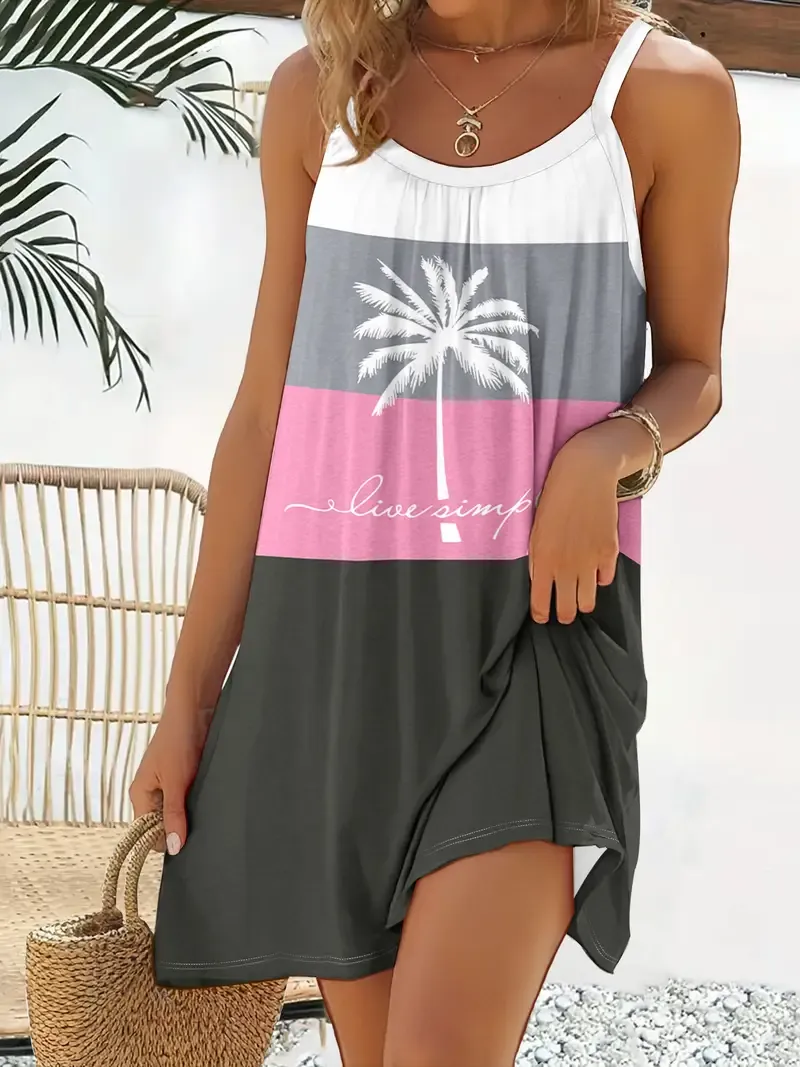 Print Sleeveless Beach Dress for Women - Coconut Tree Print, Stretchy Polyester Blend, Knee-Length with Shoulder Cut-Outs, Beach Dresses for Vacation