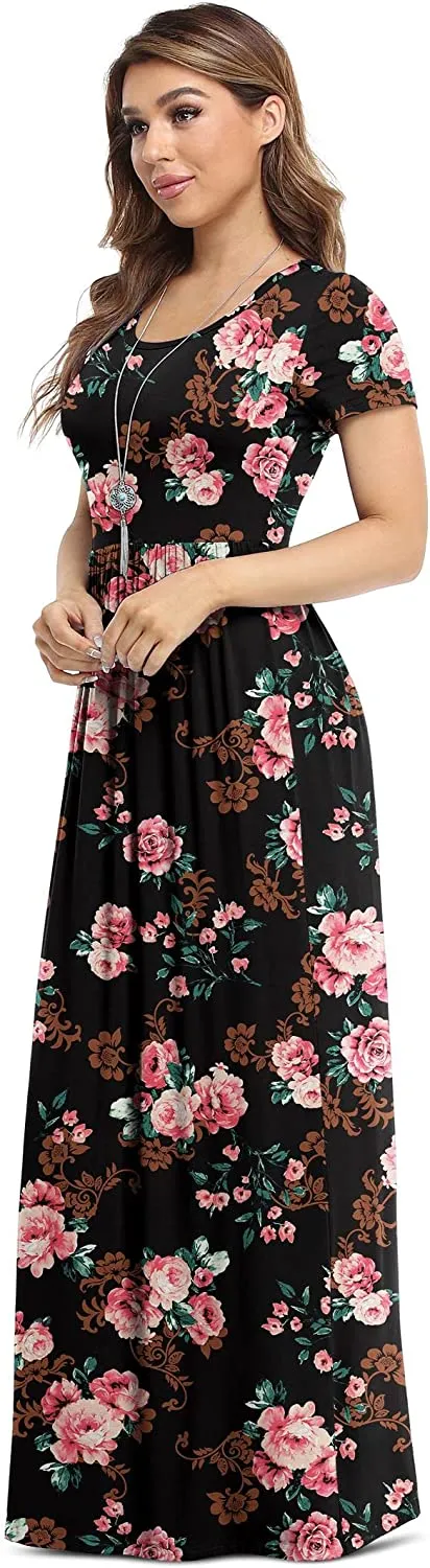 Women's Short Sleeve Loose Plain Maxi Dresses Casual Long Dresses with Pockets