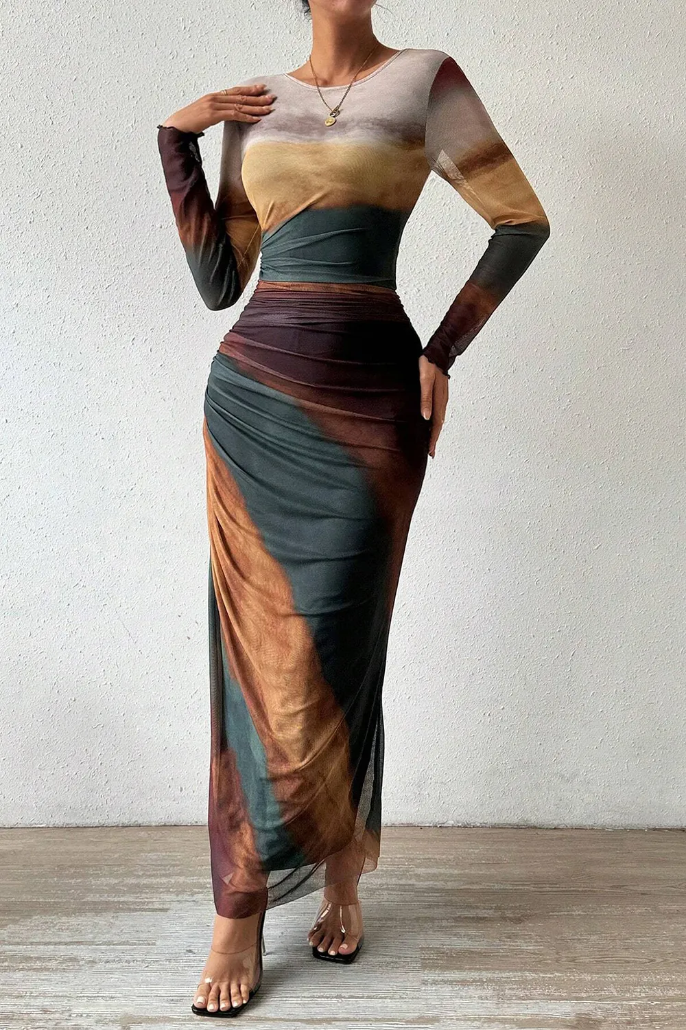 Women's Tie Dye Long Sleeve Pleated Dress Multicolor