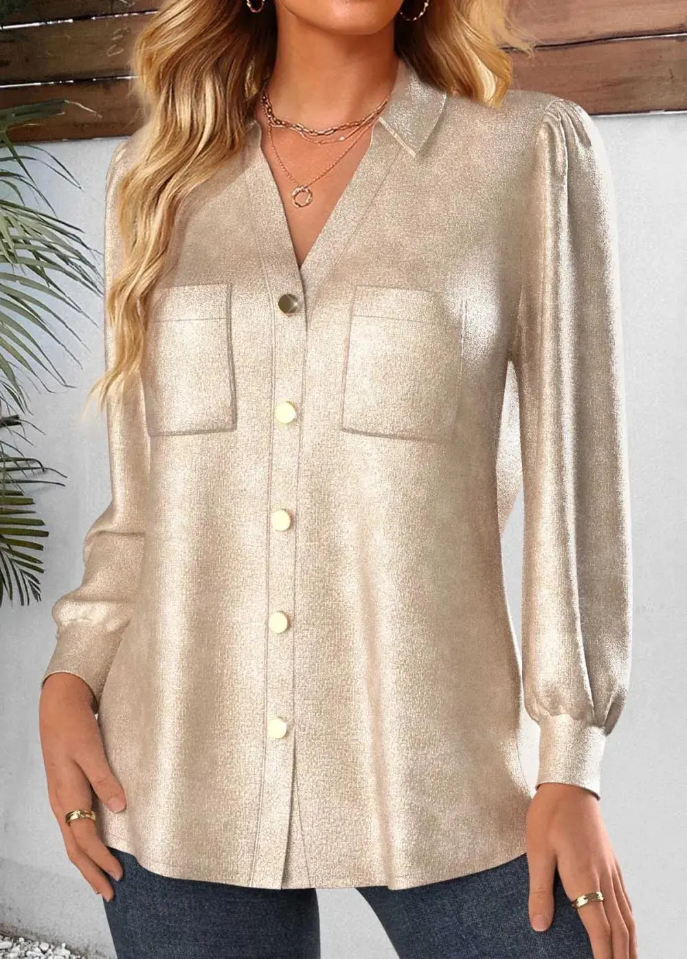 Champagne Button Long Sleeve Tunic Shirt