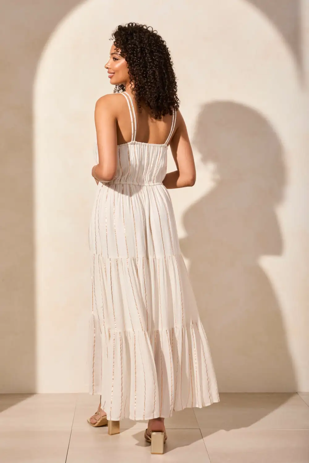 Metallic Stripe Dress With Beaded Crochet Applique-Cocomilk