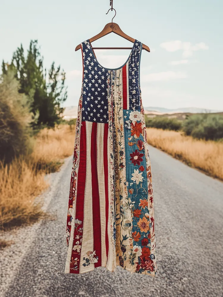 Women's Independence Day American Flag With Floral Pattern Art Print Cotton And Linen Dress