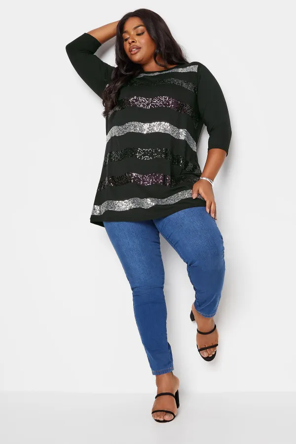 YOURS Curve Black Stripe Sequin Embellished Top