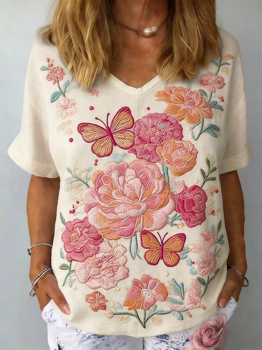 Women's Retro Butterfly Peony Embroidery Art Pattern V-Neck T-Shirt