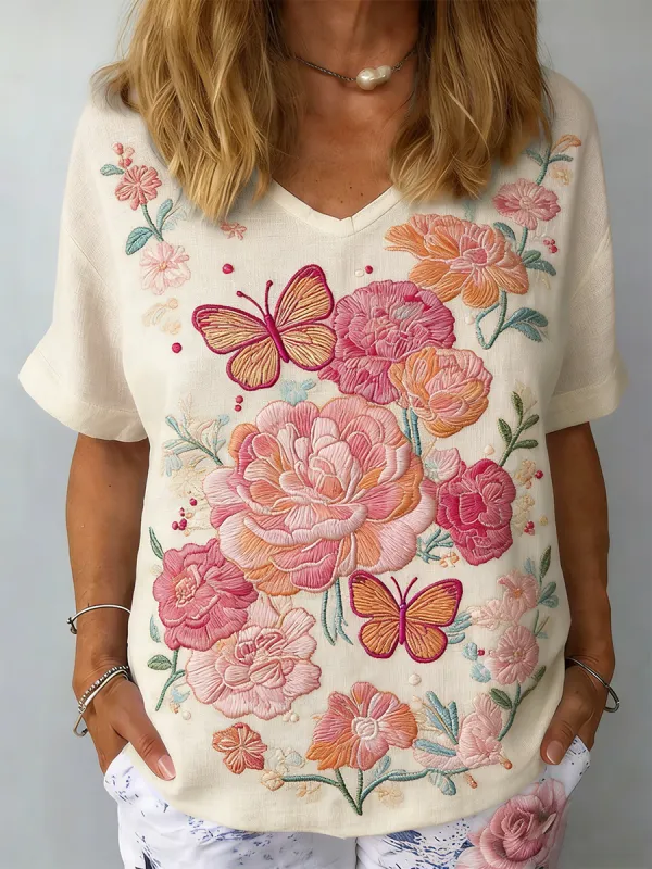 Women's Retro Butterfly Peony Embroidery Art Pattern V-Neck T-Shirt